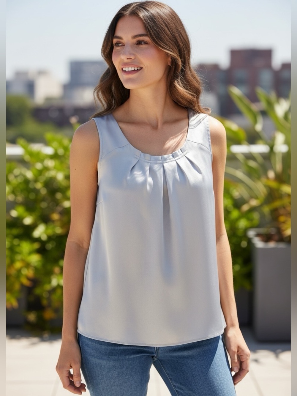 Essentials Sleeveless Satin Pleated Neck Shell Top - metallic Silver L